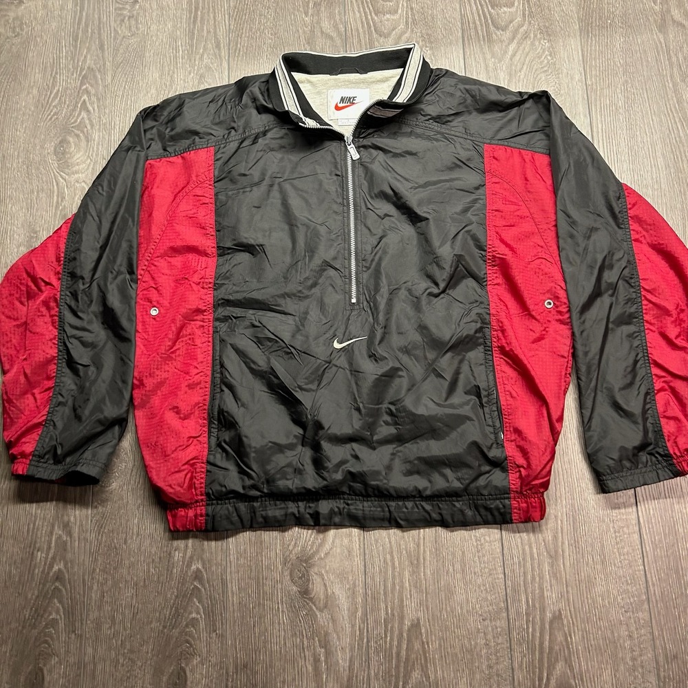Vintage Nike Windbreaker Jacket Mens Large Black Red Quarter Zip Pullover Swoosh
